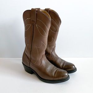 Vintage Brown Beige Leather Round Toe Pull On Cowboy Boots